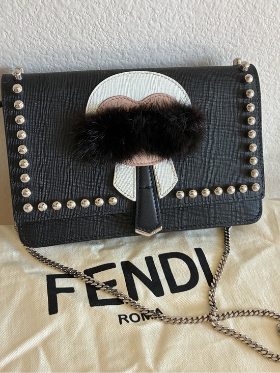Fendi Handbags - Fendi Karlito Studded Wallet on Chain / Clutch with Black Fur